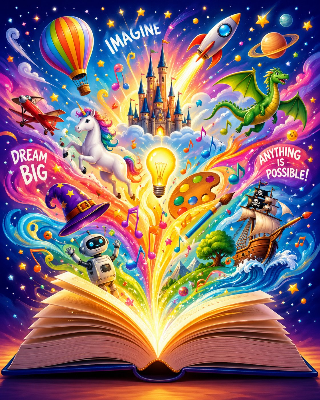 Open book with imagination bursting out — castle, dragon, hot air balloon and the words "Dream Big", "Imagine", "Anything is Possible"