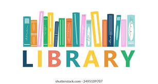 Illustration of a colourful row of books above the word "LIBRARY"